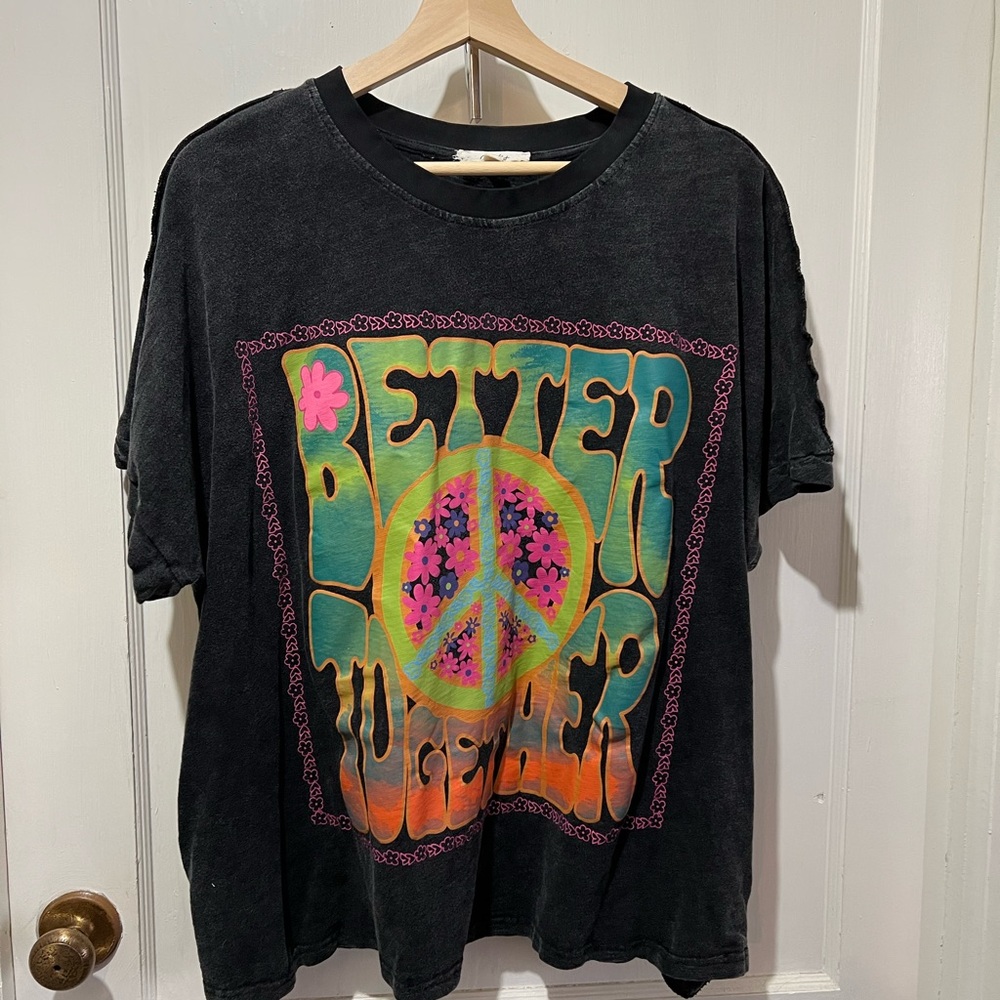 Blue Velvet Oversized Crop Tee w/ Pockets - Peace Sign Positive Vibes S
